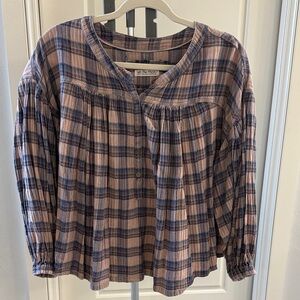 We the Free Pink and Blue Swing Plaid Blouse